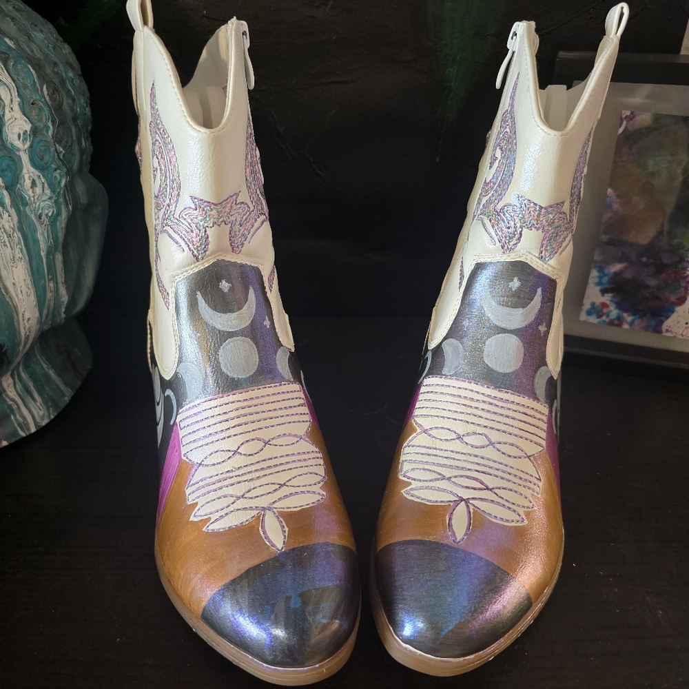 HANDCRAFTED Upcycle Cowgirl Boots HANDPAINTED Ankle Boots Block Heel Shoes 9.5